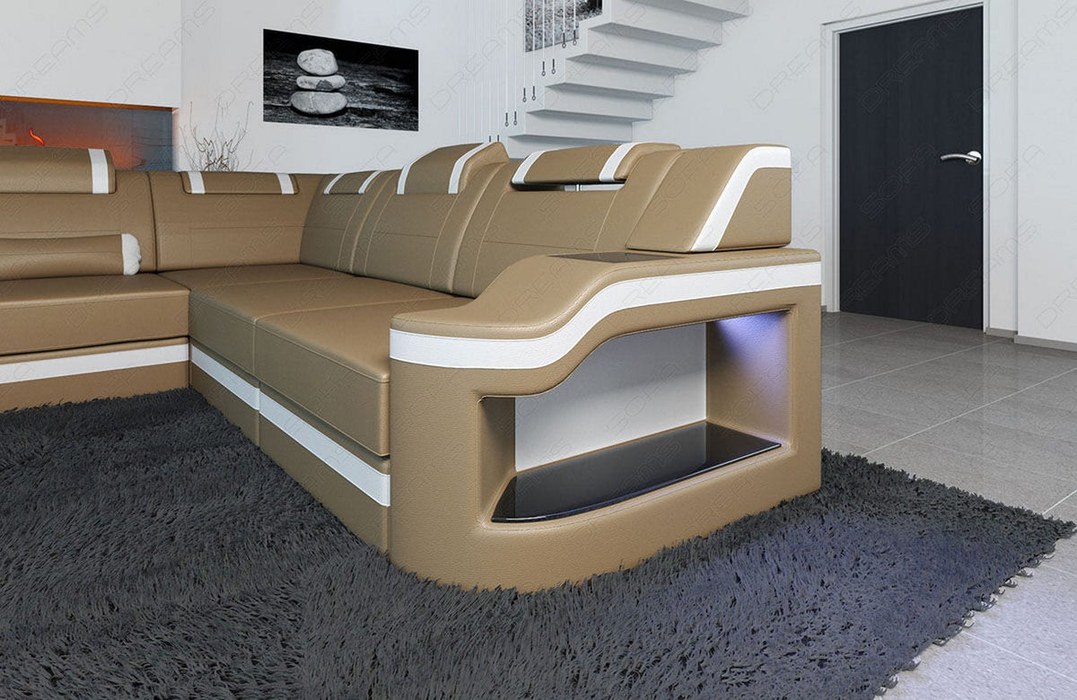 Mini XL Wohnlandschaft Palermo U-Form in Leder Sandbeige-Weiß