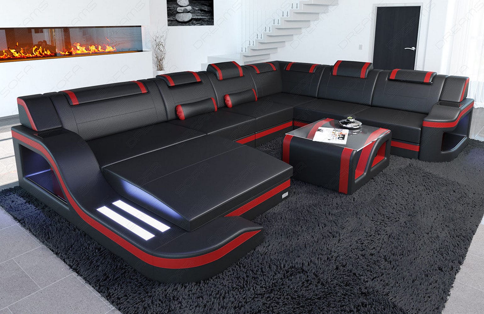XL Leder Wohnlandschaft Palermo – Komfort & Stil schwarz-rot