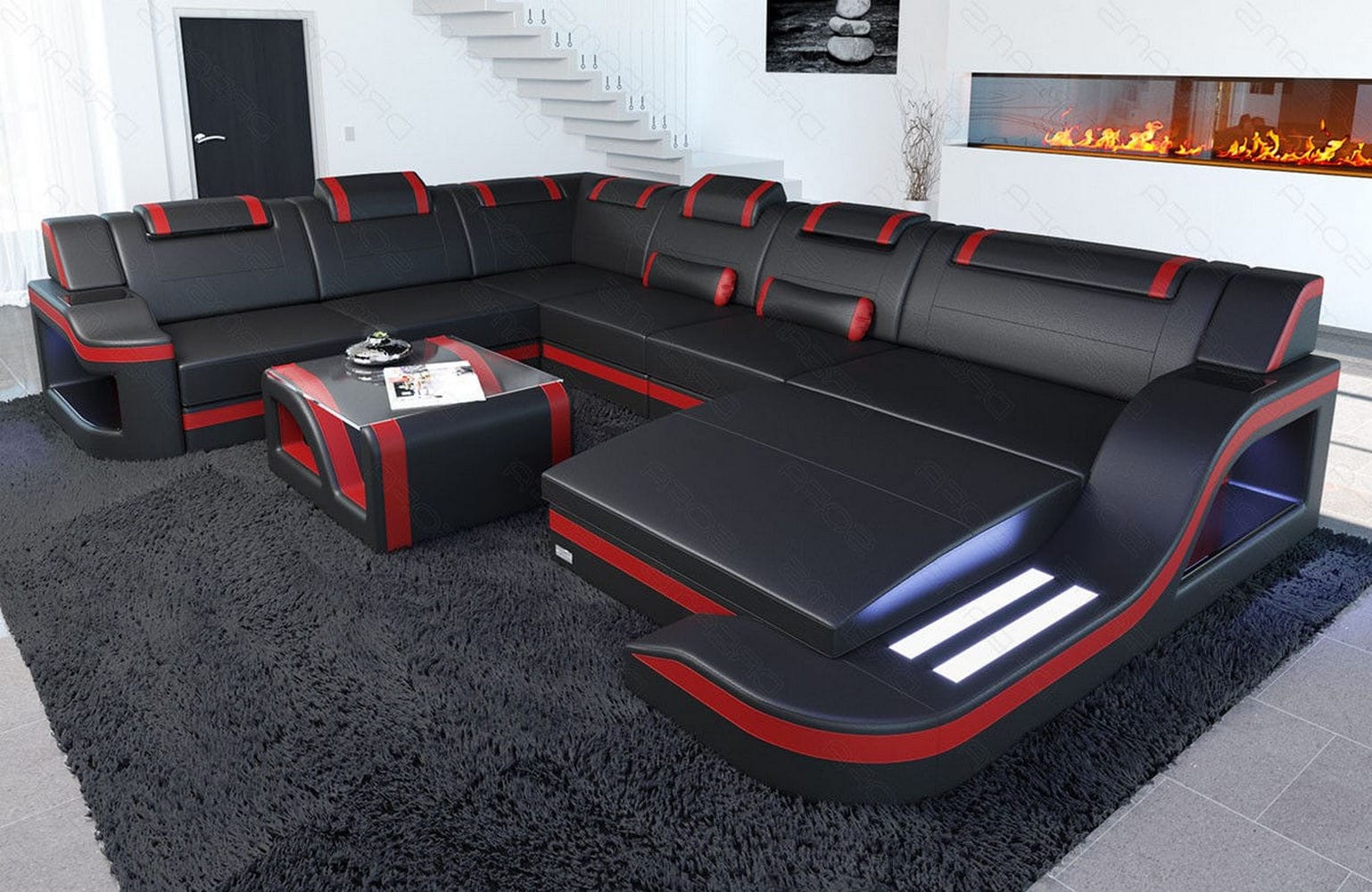 XL Leder Wohnlandschaft Palermo – Komfort & Stil schwarz-rot