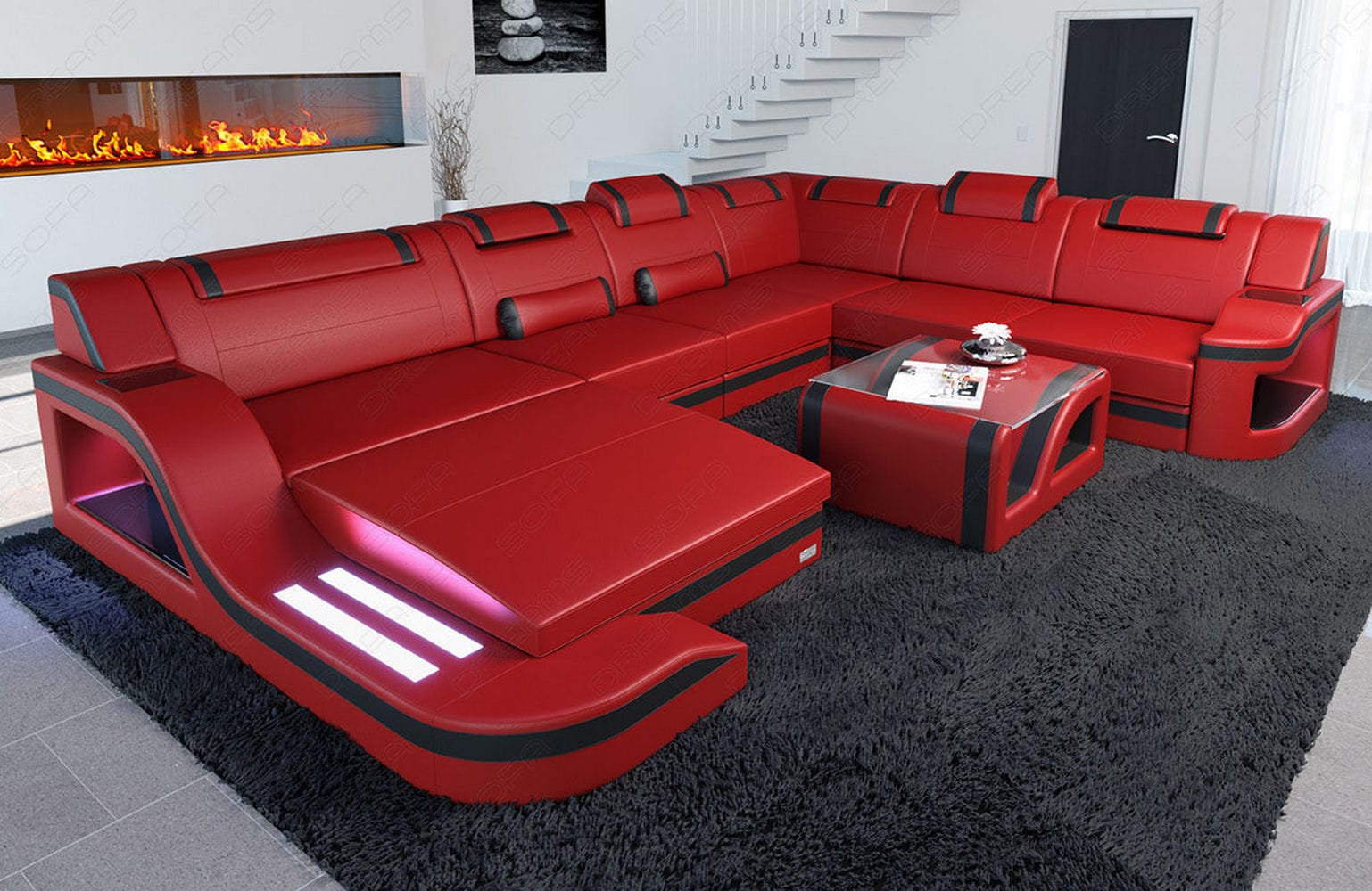 XL Leder Wohnlandschaft Palermo – Komfort & Stil rot-schwarz