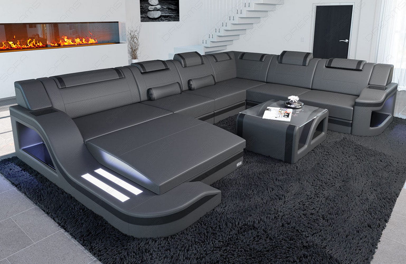 XL Leder Wohnlandschaft Palermo – Komfort & Stil grau-schwarz