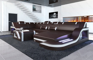 Mini Wohnlandschaft Palermo U-Form aus Leder Dunkelbraun-Weiß