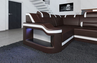 Mini Wohnlandschaft Palermo U-Form aus Leder Dunkelbraun-Weiß