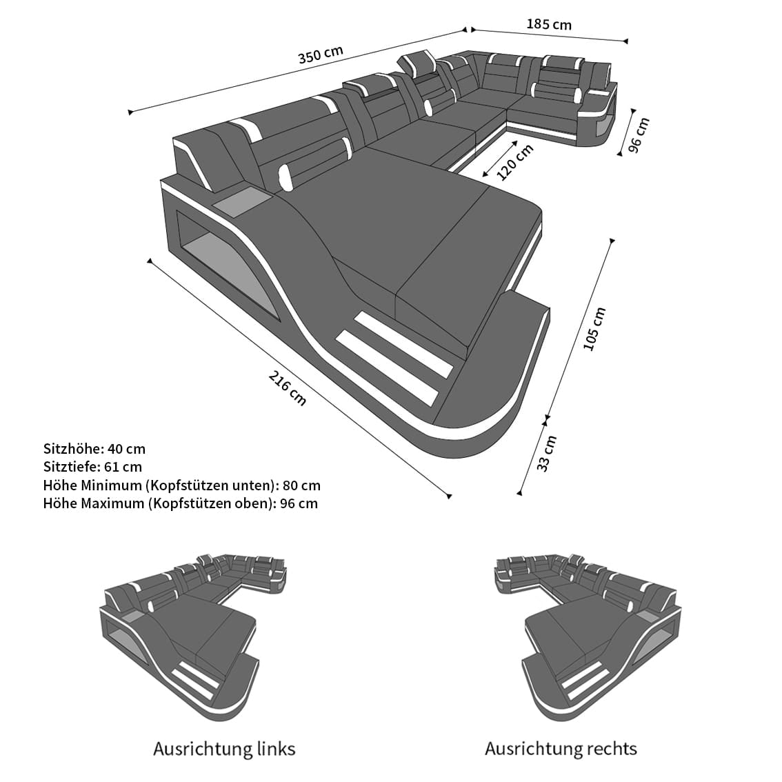 Mini Wohnlandschaft Palermo U-Form aus Leder Dunkelbraun-Weiß