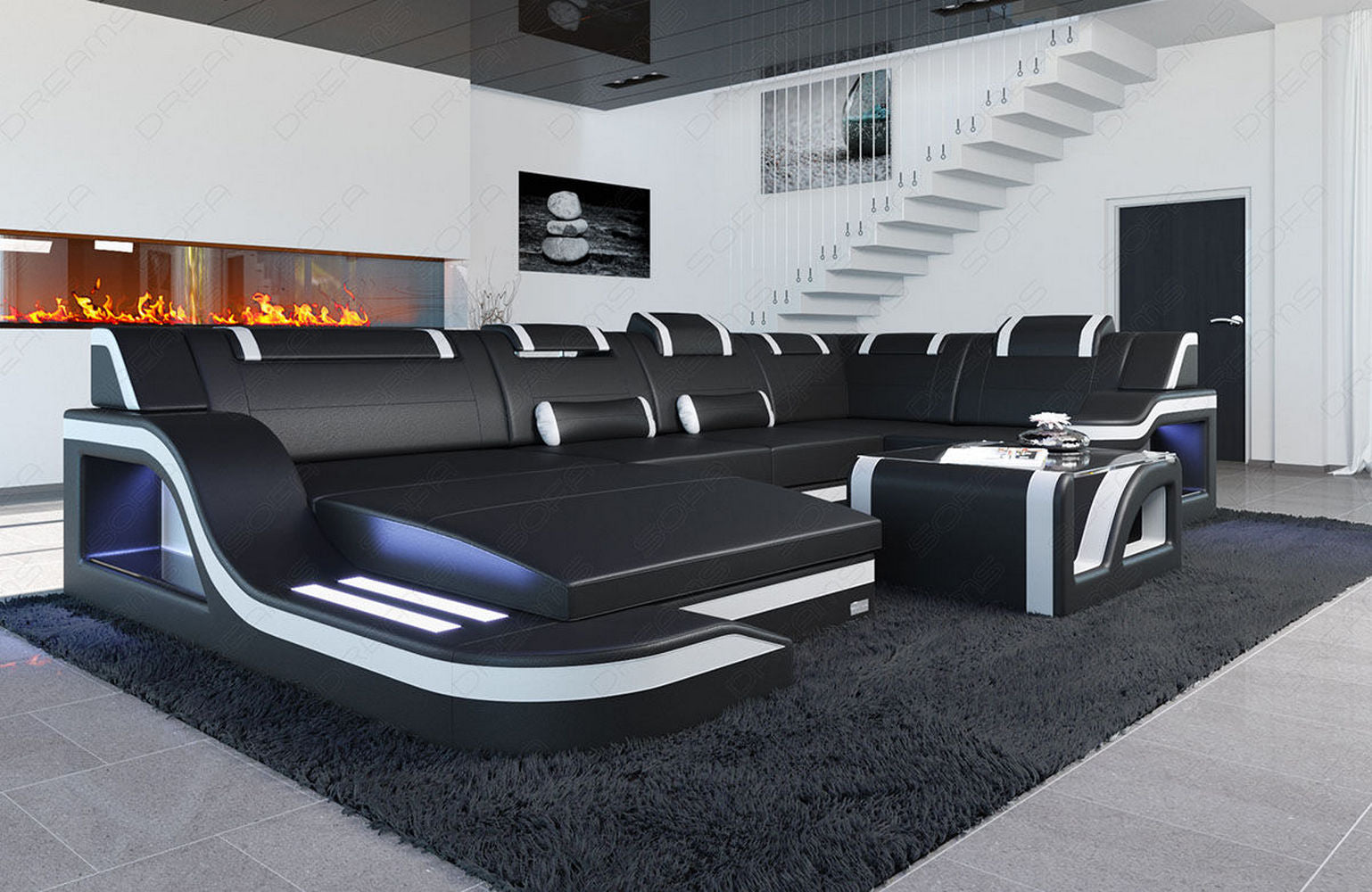 Mini Design Wohnlandschaft Palermo U-Form mit LED Schwarz-Weiß