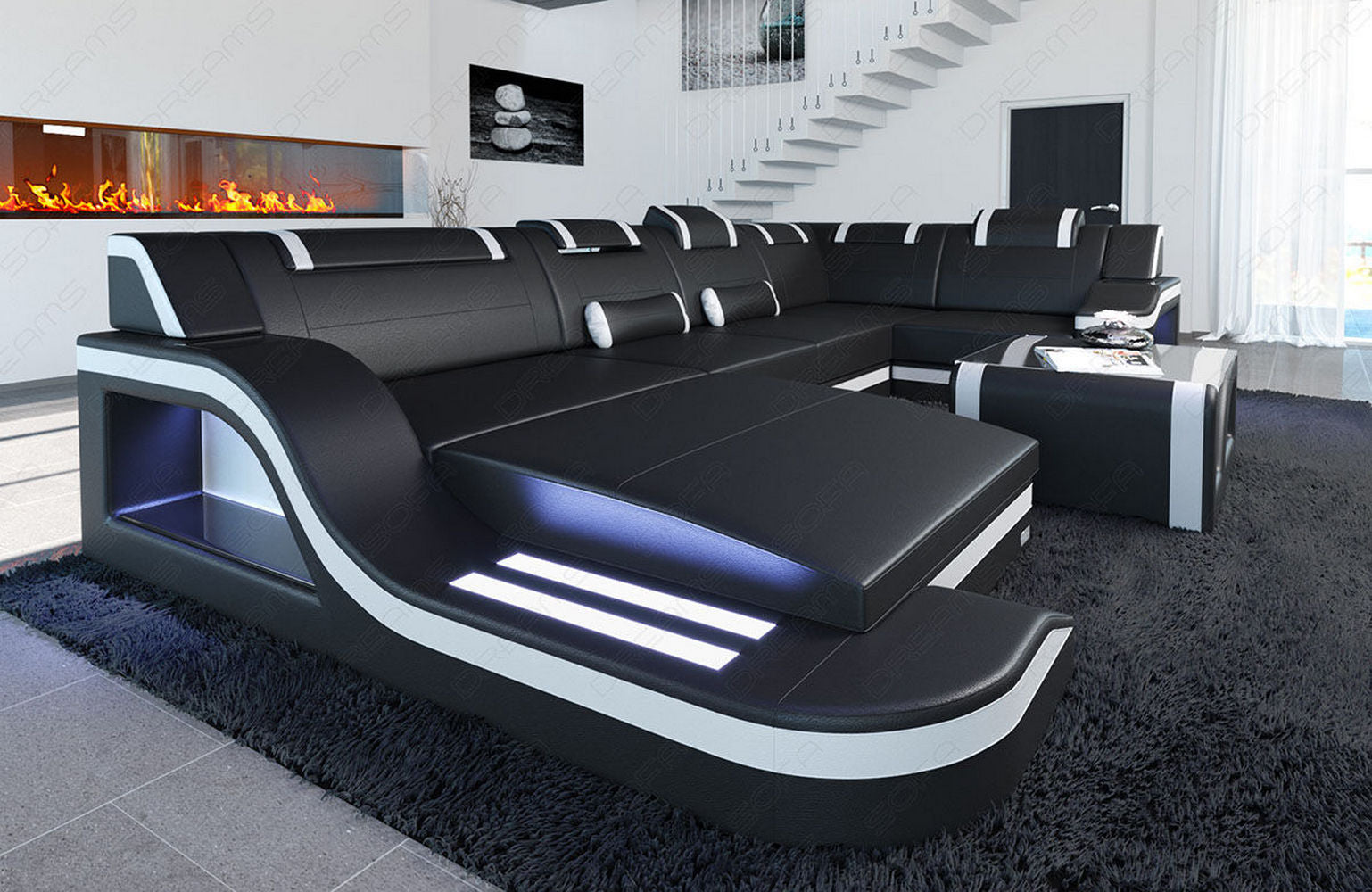Mini Design Wohnlandschaft Palermo U-Form mit LED Schwarz-Weiß
