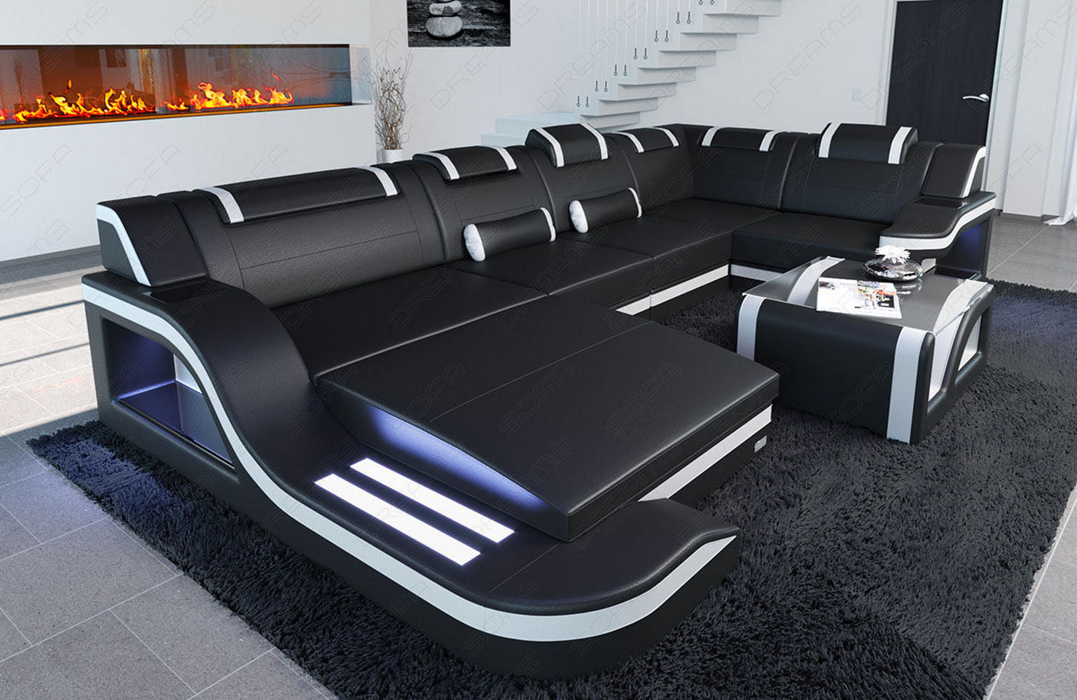 Mini Design Wohnlandschaft Palermo U-Form mit LED Schwarz-Weiß