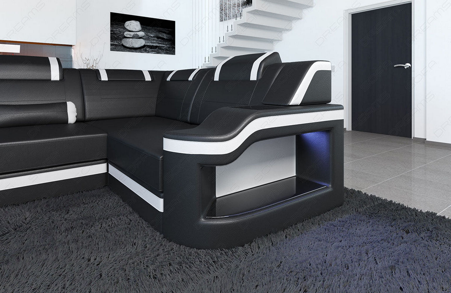 Mini Design Wohnlandschaft Palermo U-Form mit LED Schwarz-Weiß