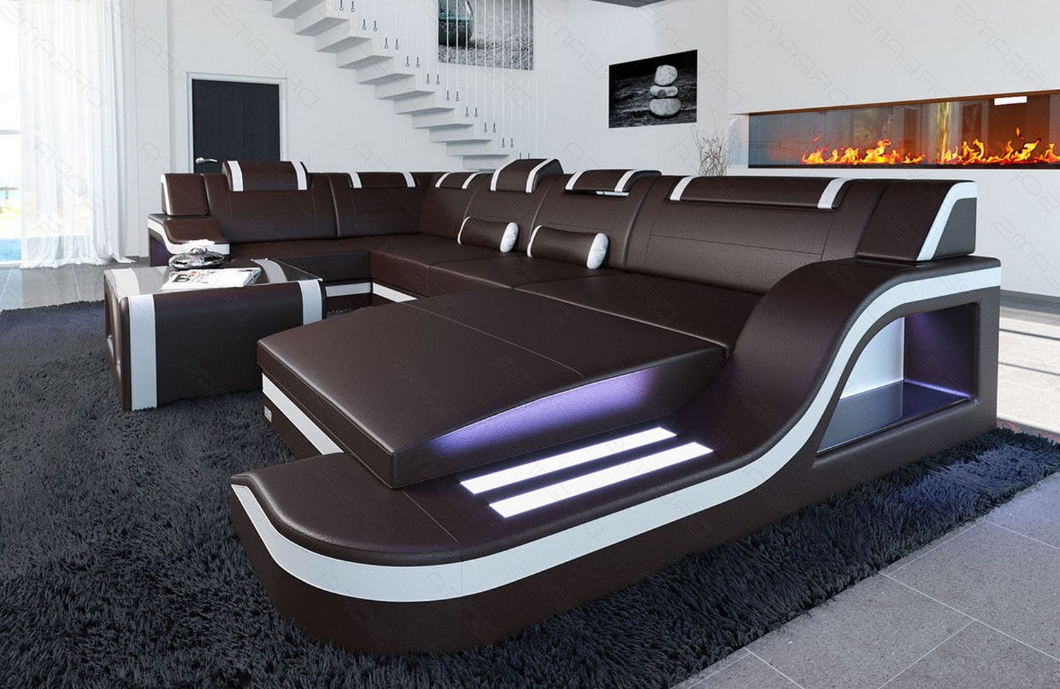 Design Wohnlandschaft Palermo U-Form mit LED dunkelbraun-weiß