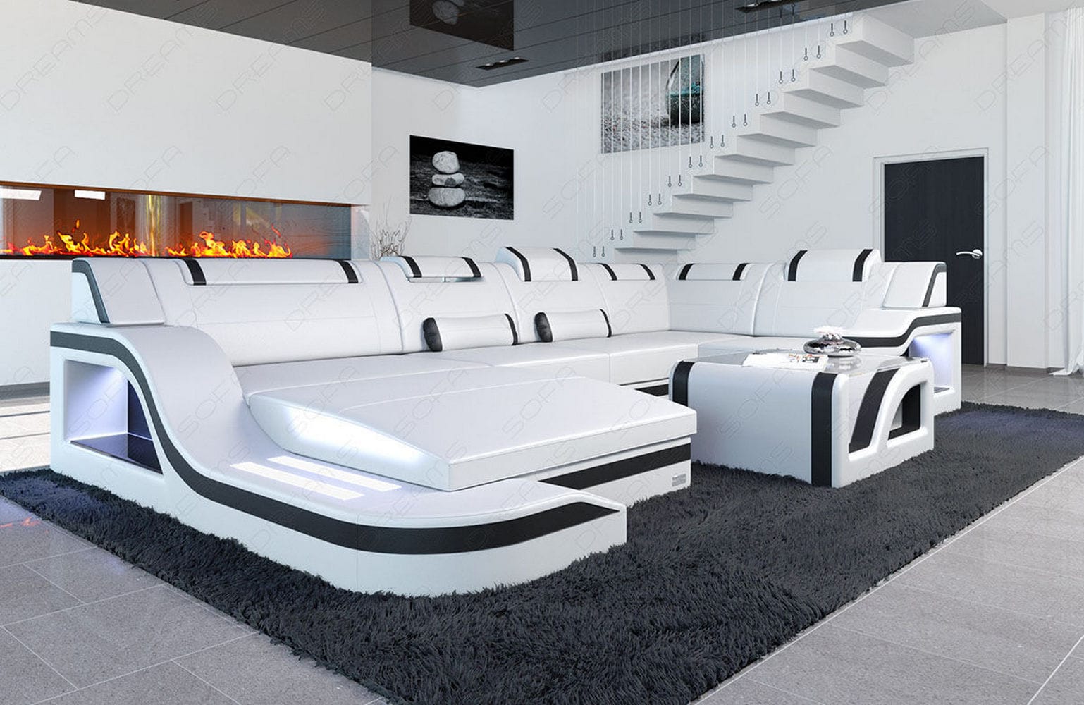 Design Wohnlandschaft Palermo U-Form mit LED weiß-schwarz