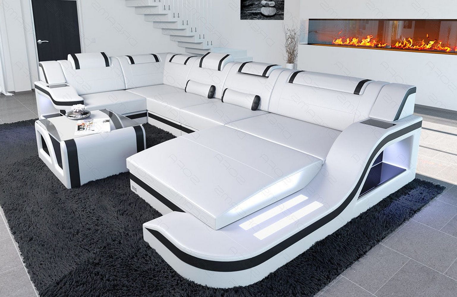 Design Wohnlandschaft Palermo U-Form mit LED weiß-schwarz
