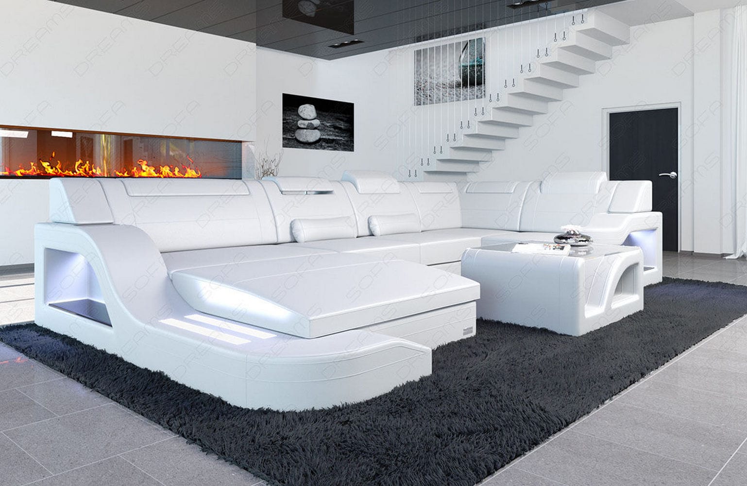 Design Wohnlandschaft Palermo U-Form mit LED weiß