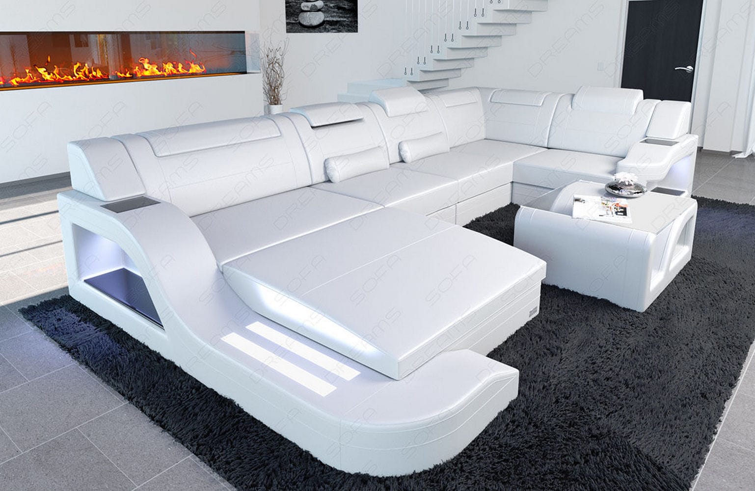 Design Wohnlandschaft Palermo U-Form mit LED weiß