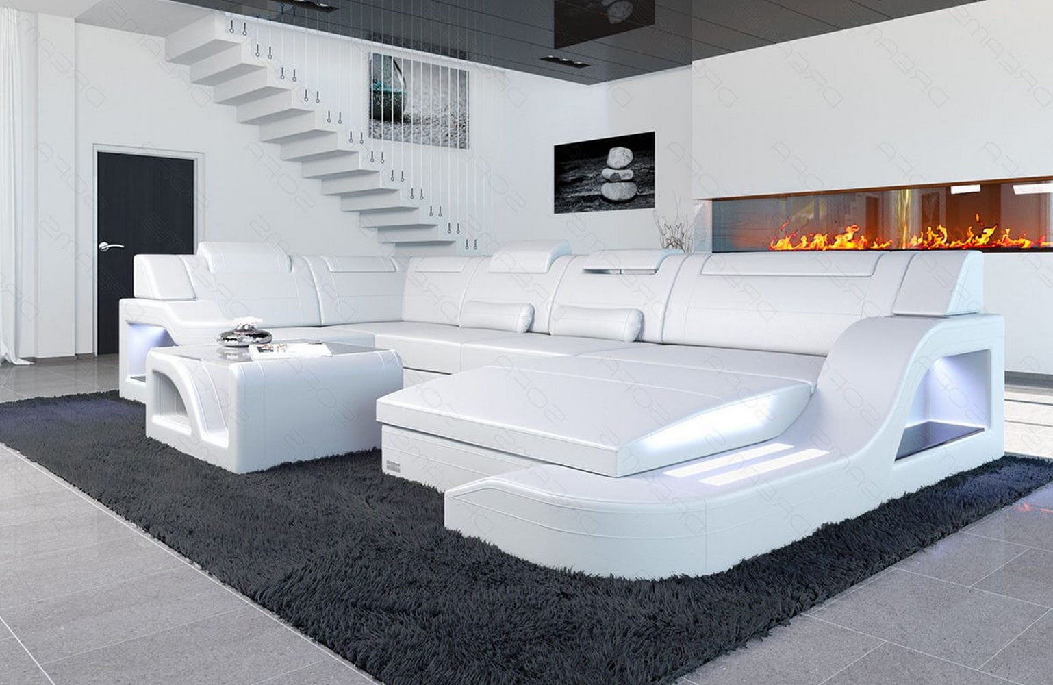 Design Wohnlandschaft Palermo U-Form mit LED weiß