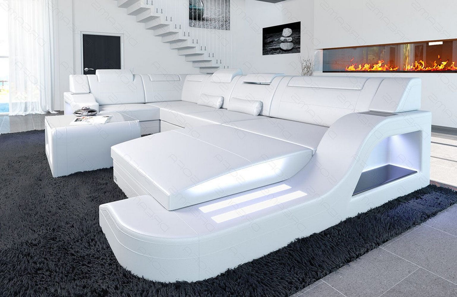 Design Wohnlandschaft Palermo U-Form mit LED weiß