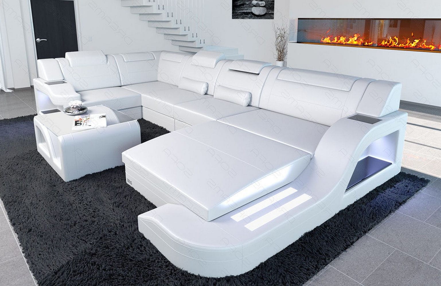 Design Wohnlandschaft Palermo U-Form mit LED weiß