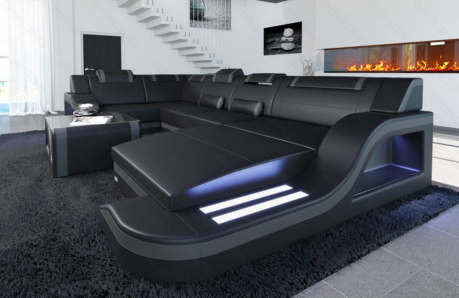 Design Wohnlandschaft Palermo U-Form mit LED schwarz-grau
