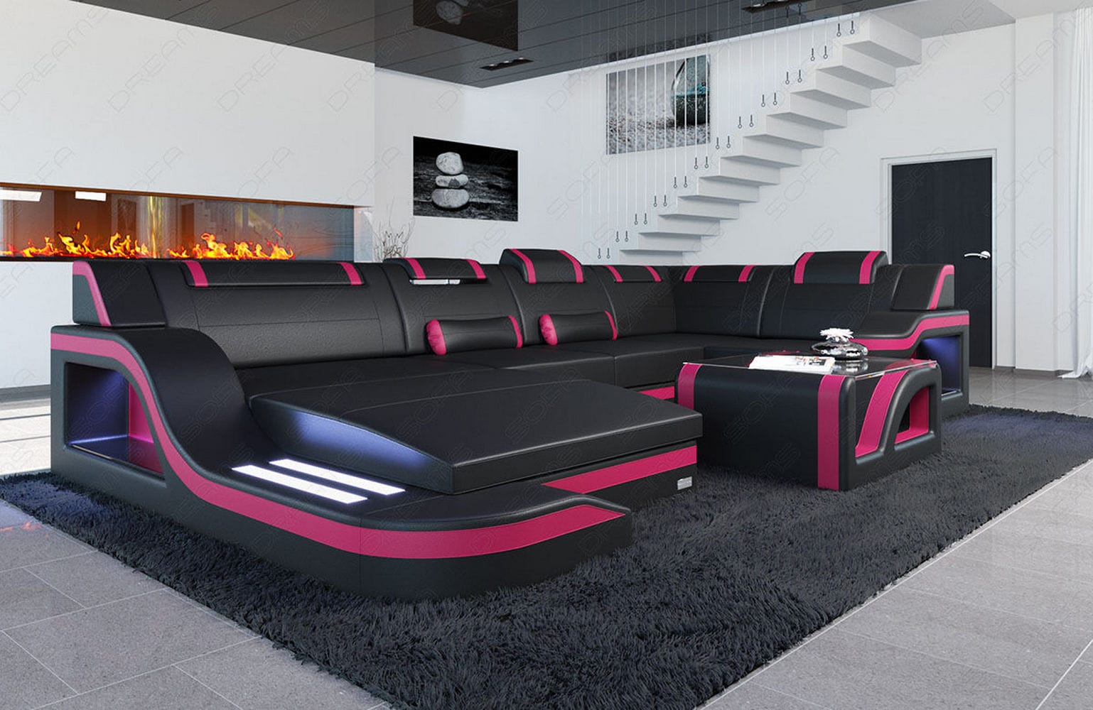 Design Wohnlandschaft Palermo U-Form mit LED schwarz-pink