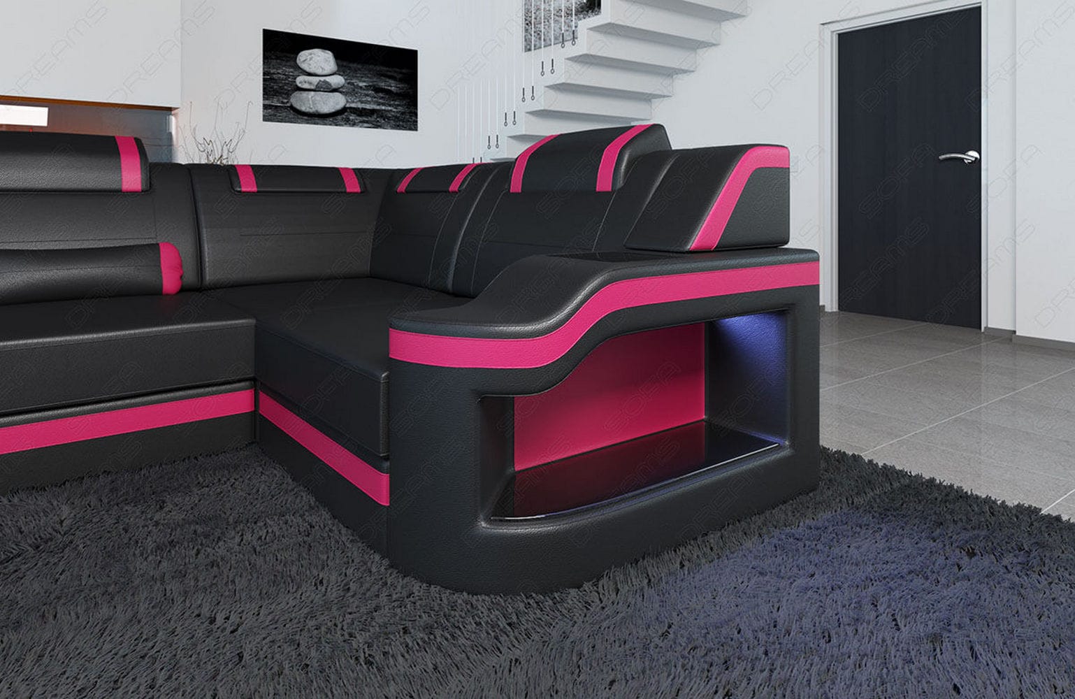 Design Wohnlandschaft Palermo U-Form mit LED schwarz-pink