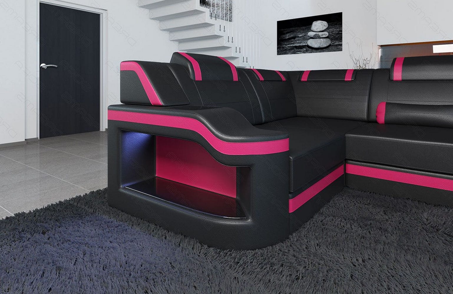 Design Wohnlandschaft Palermo U-Form mit LED schwarz-pink