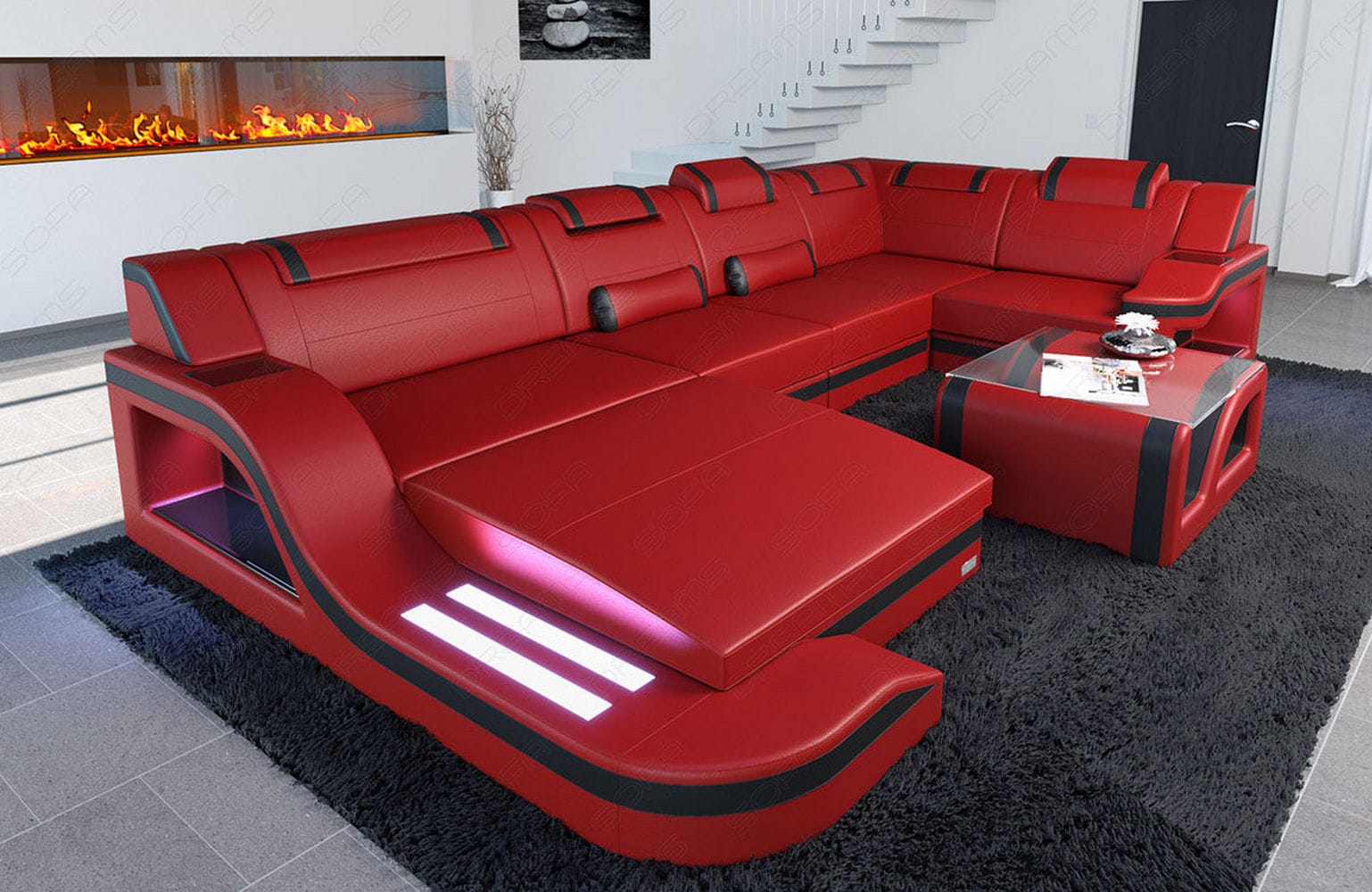 Design Wohnlandschaft Palermo U-Form mit LED rot-schwarz