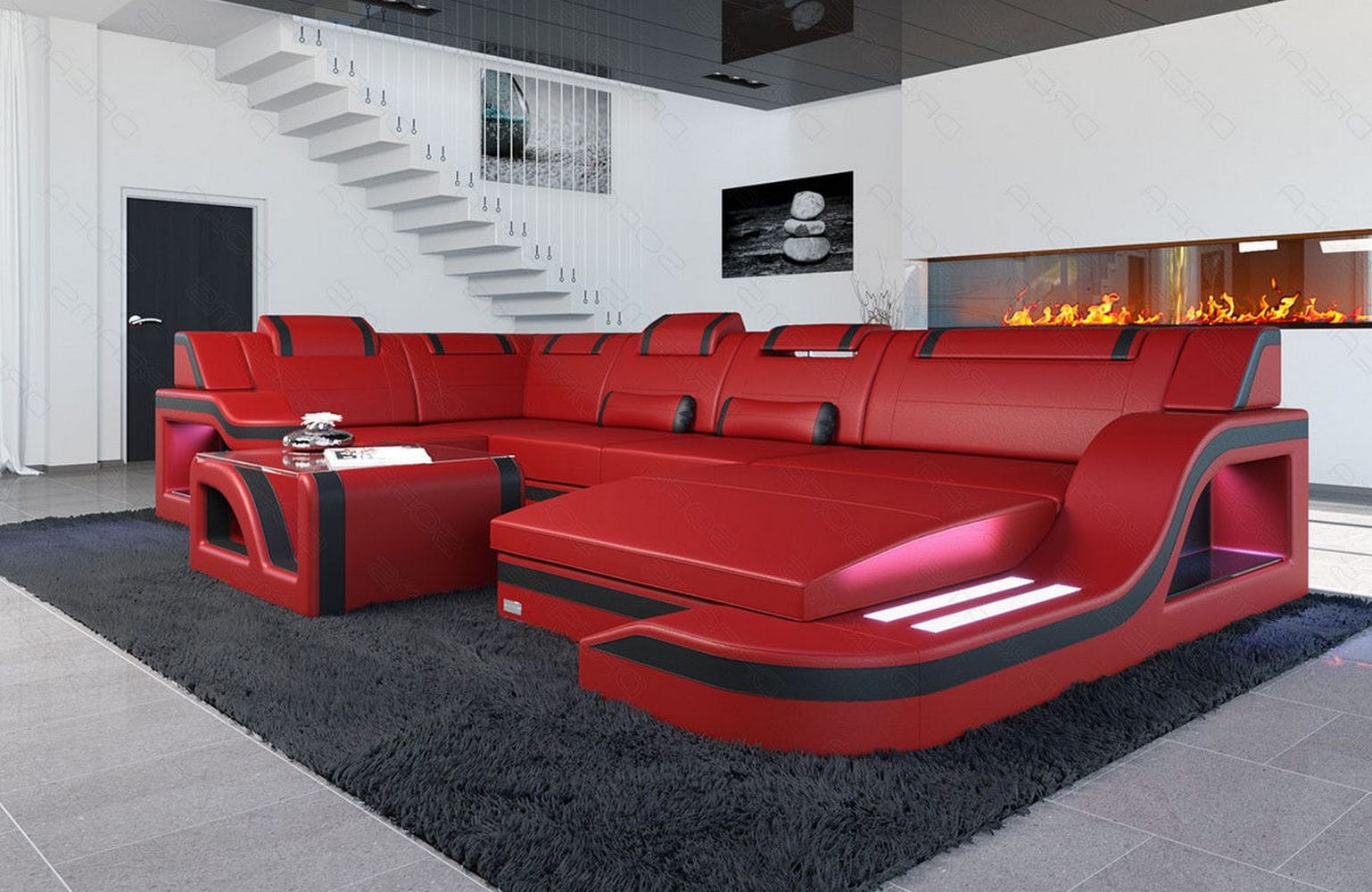 Design Wohnlandschaft Palermo U-Form mit LED rot-schwarz