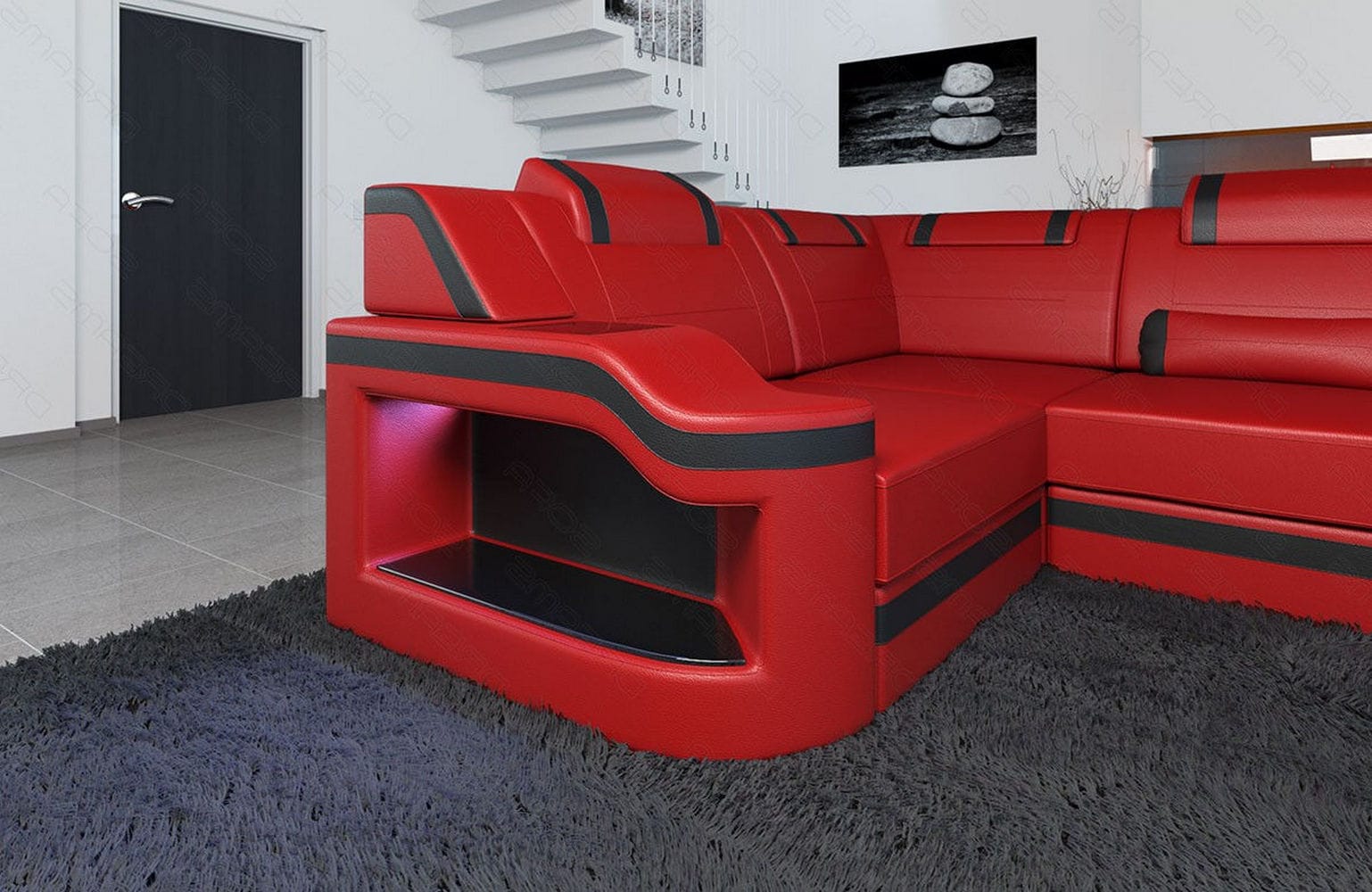 Design Wohnlandschaft Palermo U-Form mit LED rot-schwarz