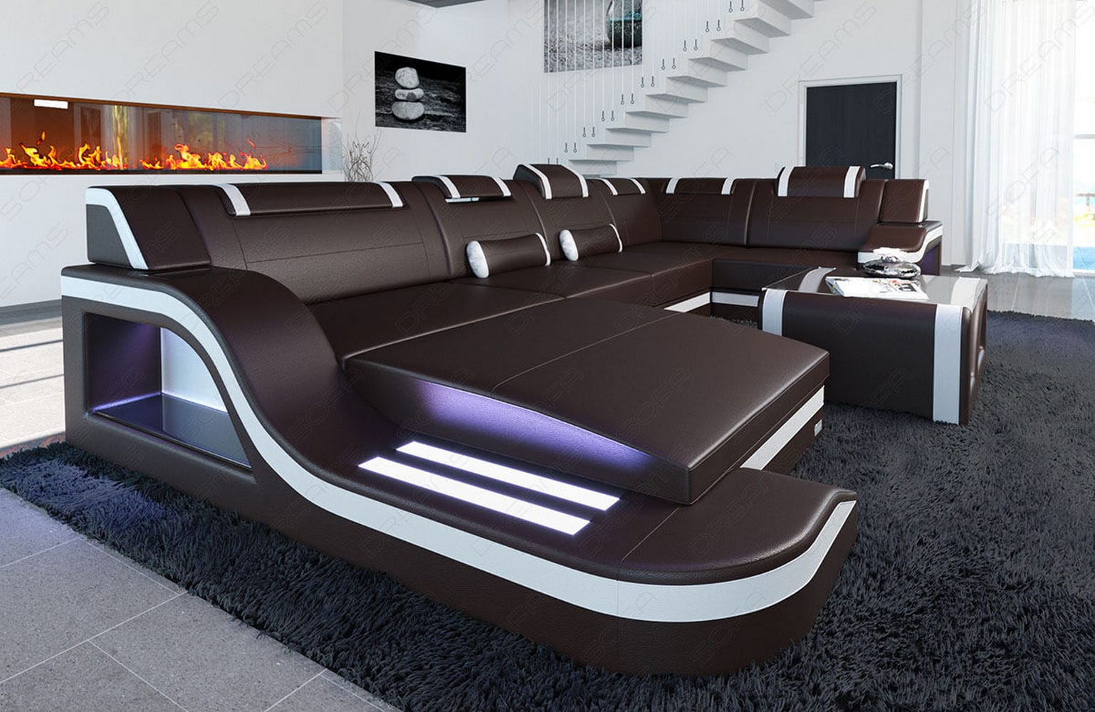 Design Wohnlandschaft Palermo U-Form mit LED dunkelbraun-weiß
