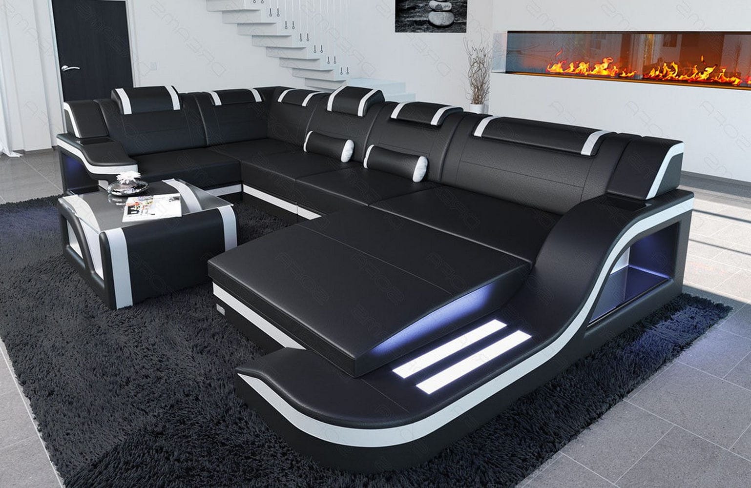 Design Wohnlandschaft Palermo U-Form mit LED schwarz-weiß