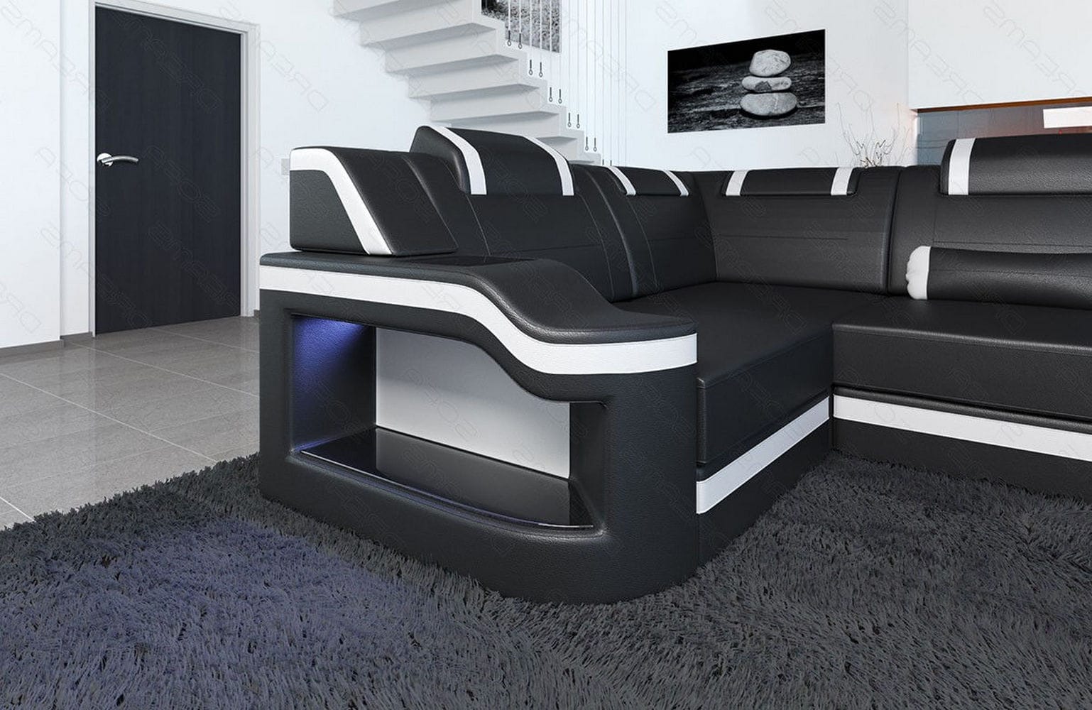 Design Wohnlandschaft Palermo U-Form mit LED schwarz-weiß