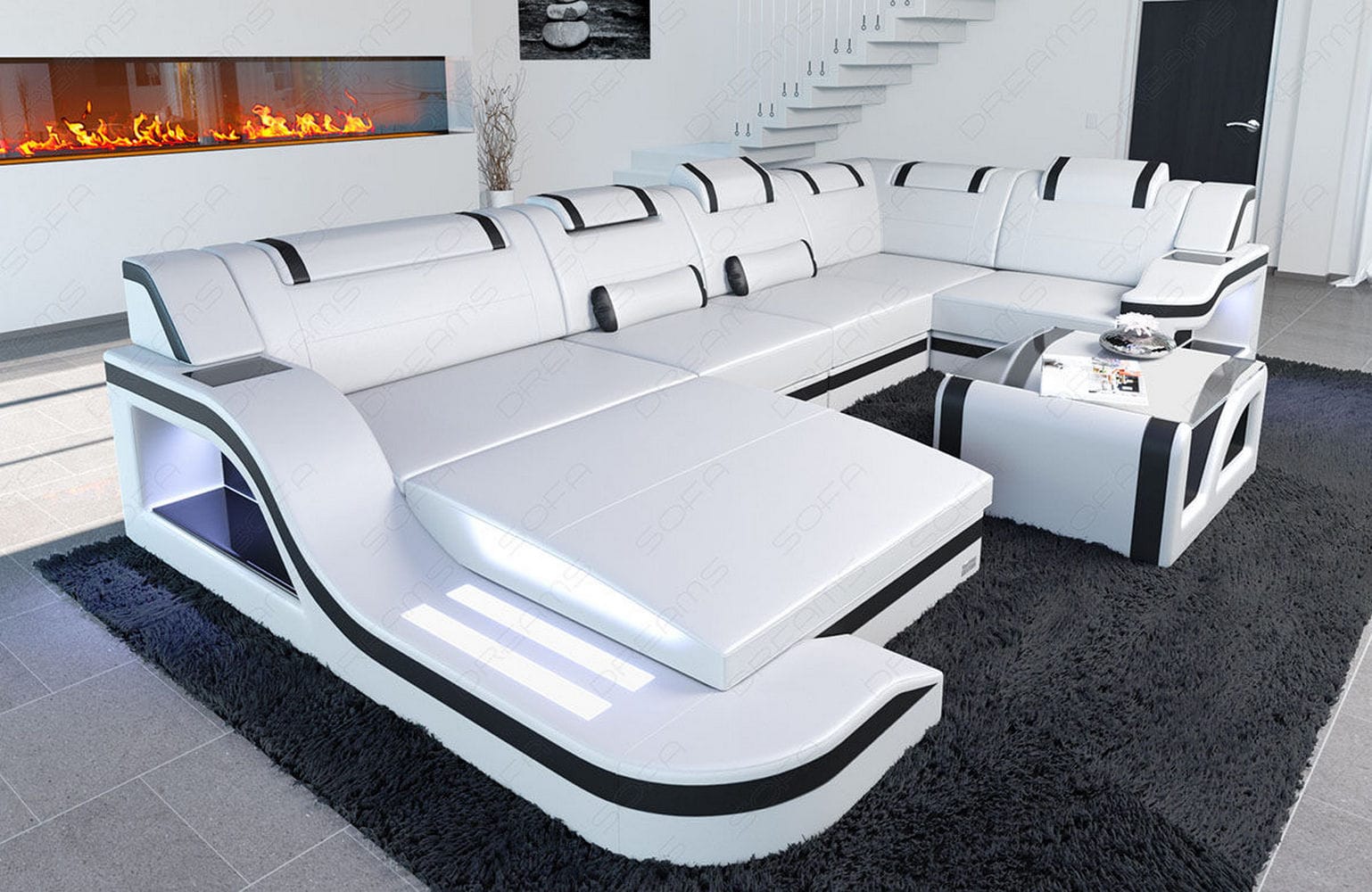 Design Wohnlandschaft Palermo U-Form mit LED weiß-schwarz