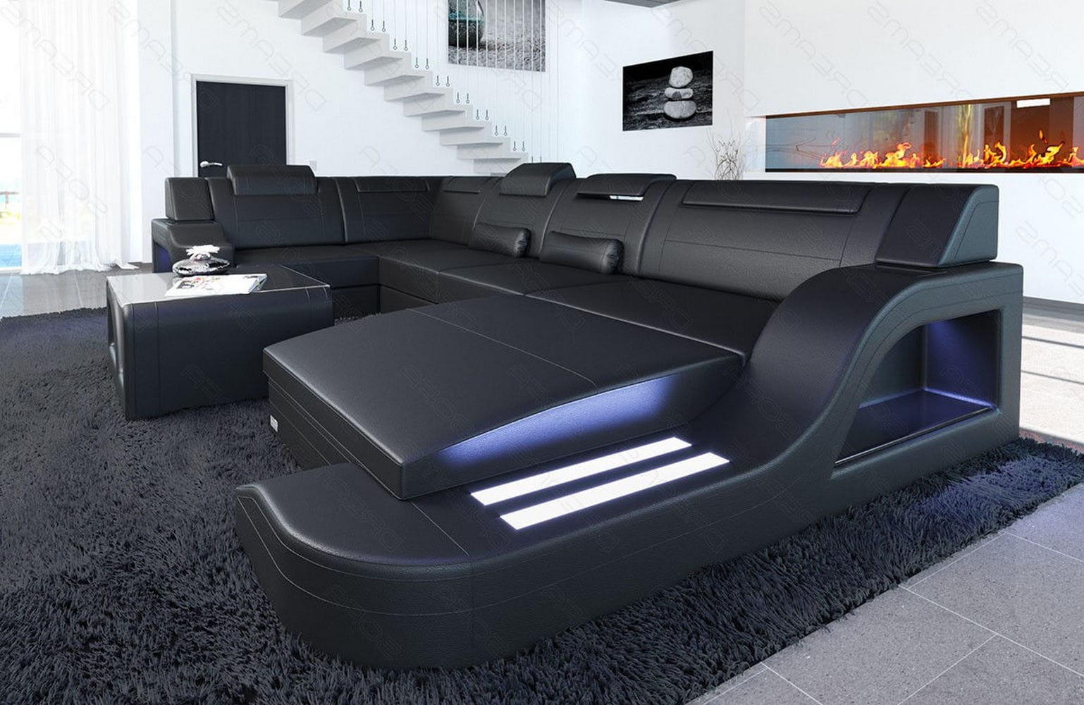 Design Wohnlandschaft Palermo U-Form mit LED schwarz
