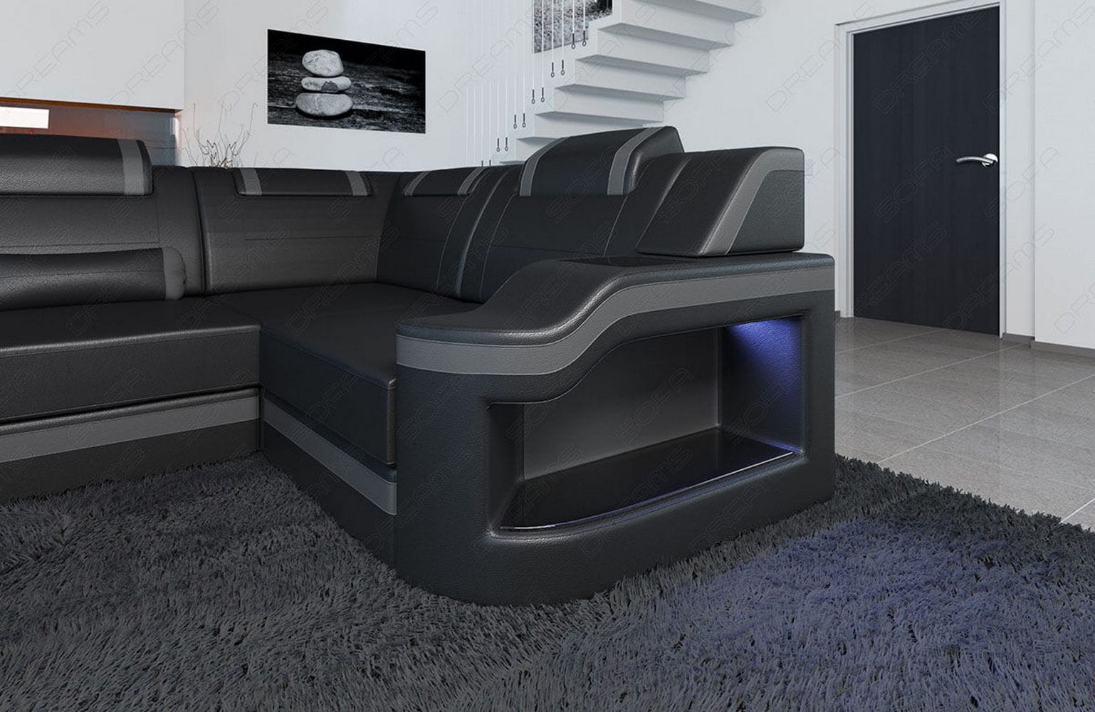 Design Wohnlandschaft Palermo U-Form mit LED schwarz-grau