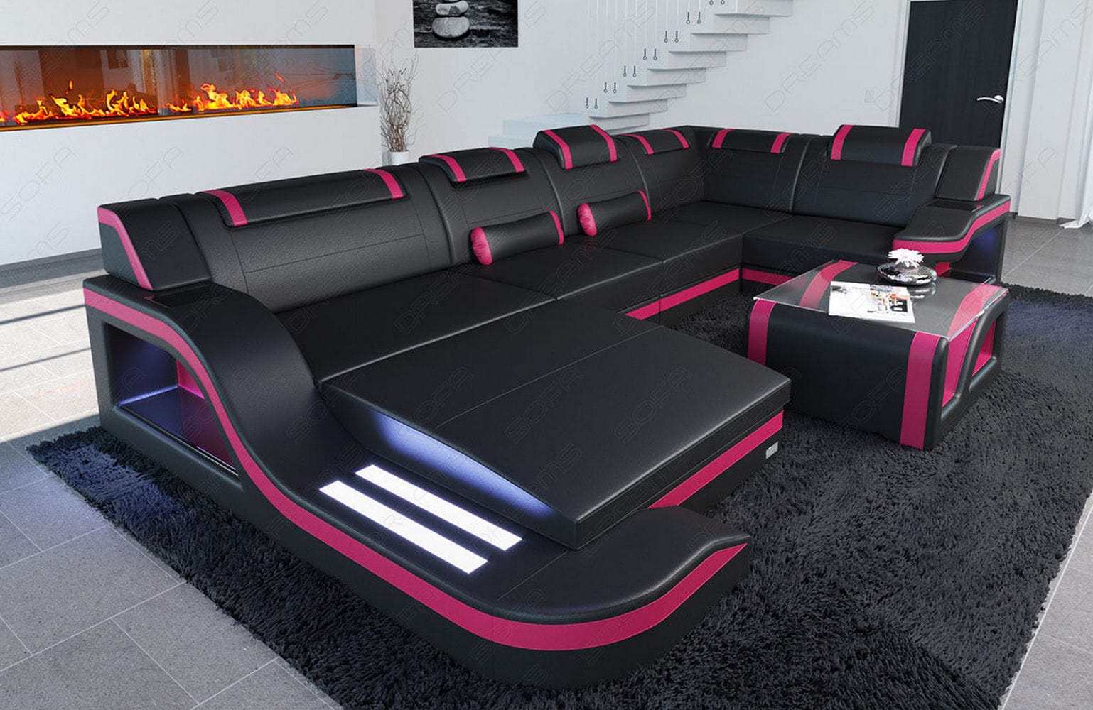 Design Wohnlandschaft Palermo U-Form mit LED schwarz-pink