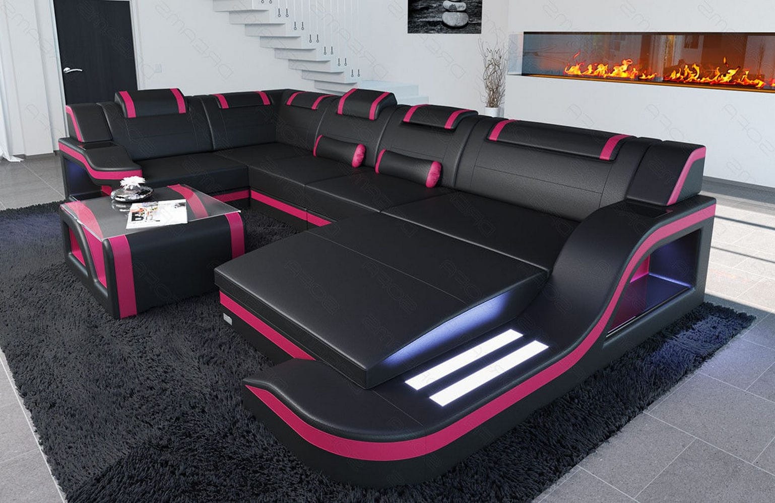 Design Wohnlandschaft Palermo U-Form mit LED schwarz-pink