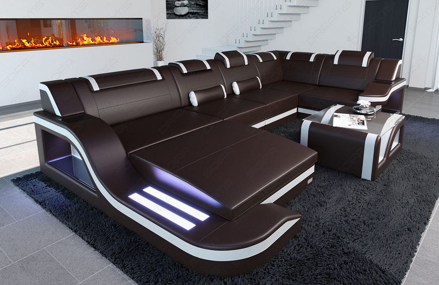 Design Wohnlandschaft Palermo U-Form mit LED dunkelbraun-weiß