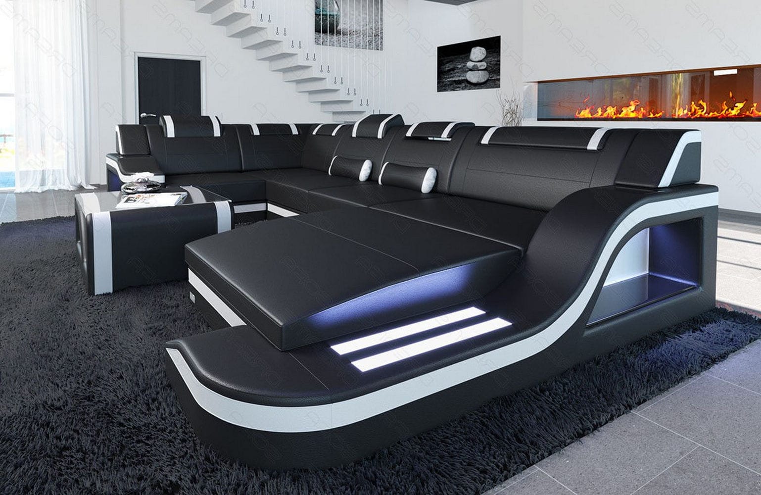 Design Wohnlandschaft Palermo U-Form mit LED schwarz-weiß