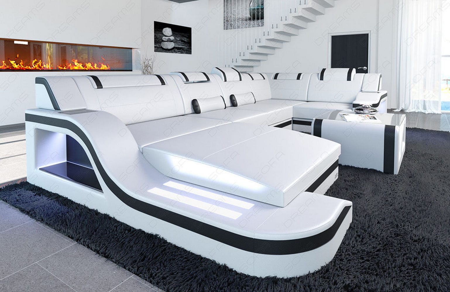 Design Wohnlandschaft Palermo U-Form mit LED weiß-schwarz