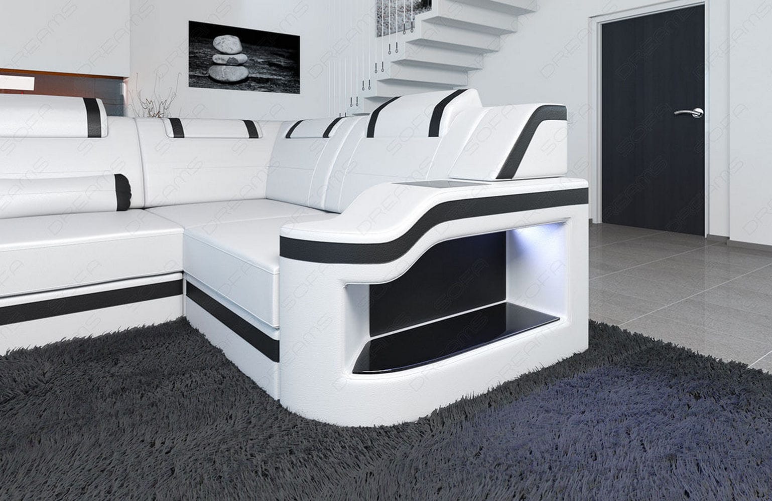 Design Wohnlandschaft Palermo U-Form mit LED weiß-schwarz