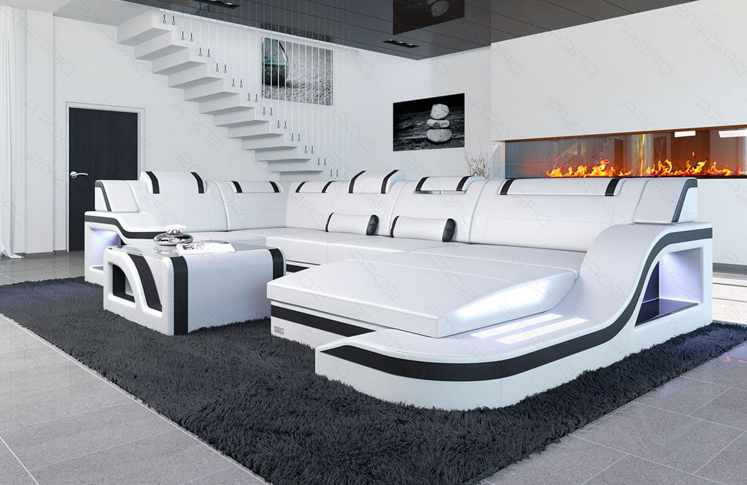 Design Wohnlandschaft Palermo U-Form mit LED weiß-schwarz