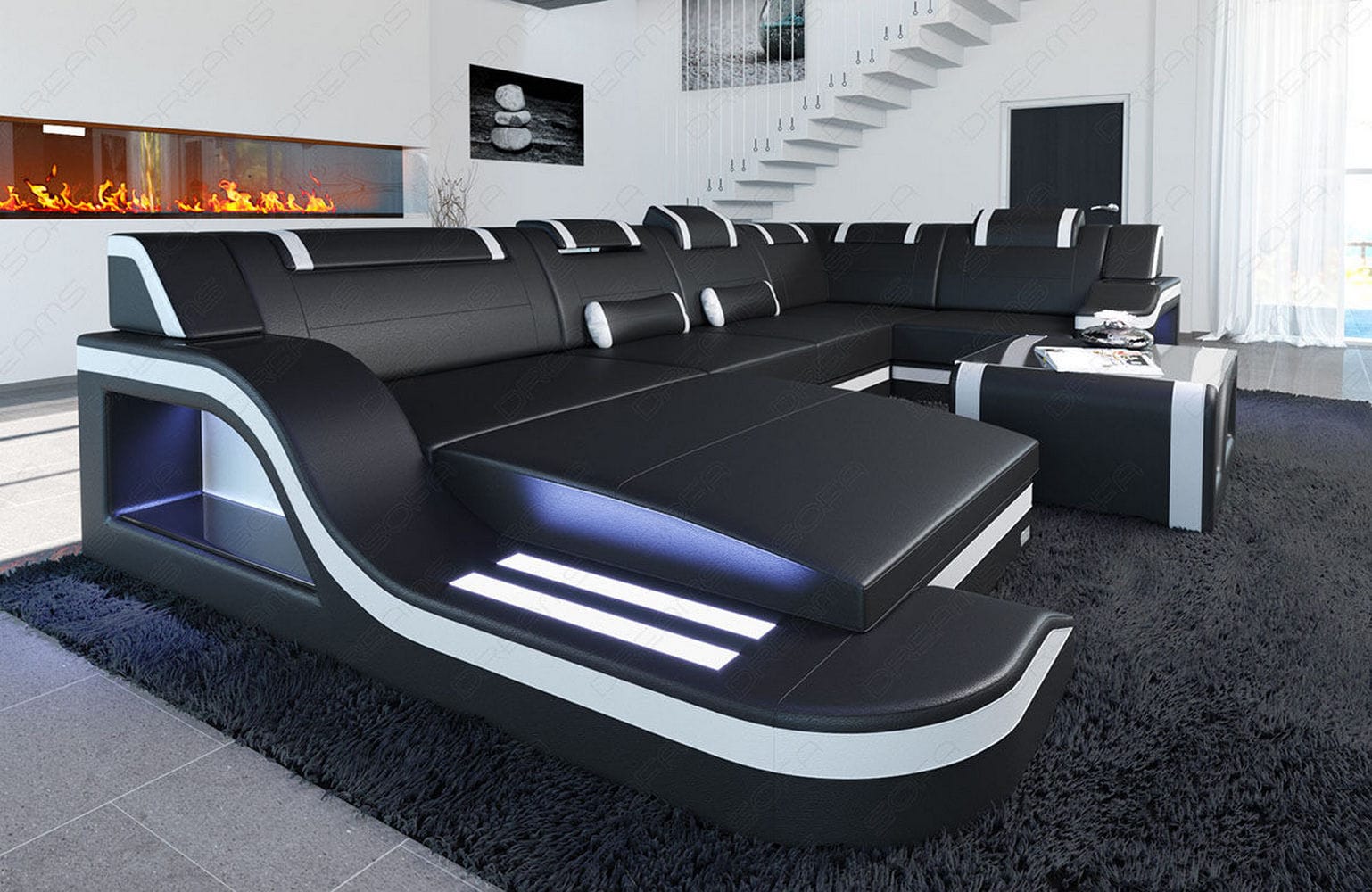 Design Wohnlandschaft Palermo U-Form mit LED schwarz-weiß