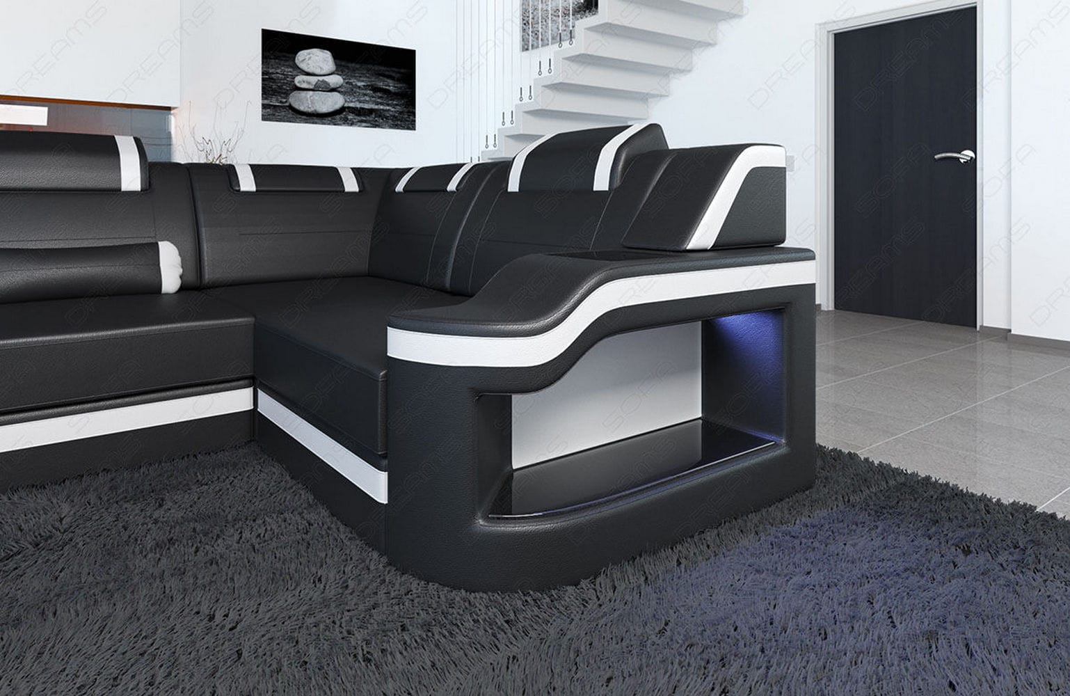 Design Wohnlandschaft Palermo U-Form mit LED schwarz-weiß