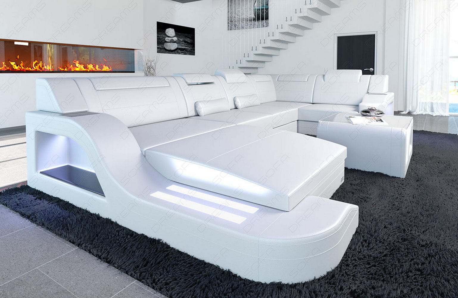 Design Wohnlandschaft Palermo U-Form mit LED weiß