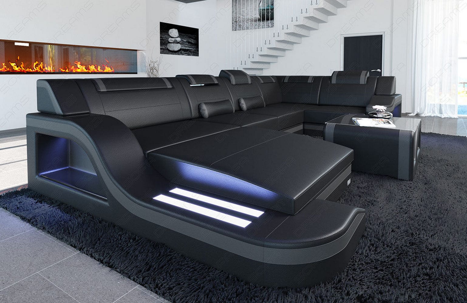 Design Wohnlandschaft Palermo U-Form mit LED schwarz-grau