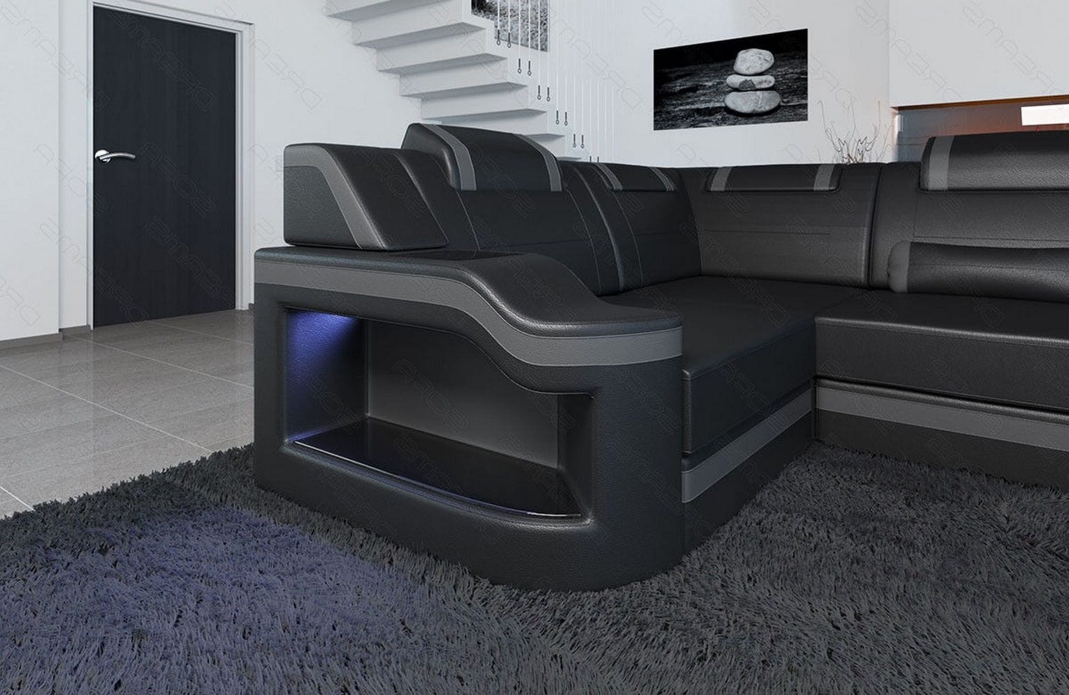 Design Wohnlandschaft Palermo U-Form mit LED schwarz-grau