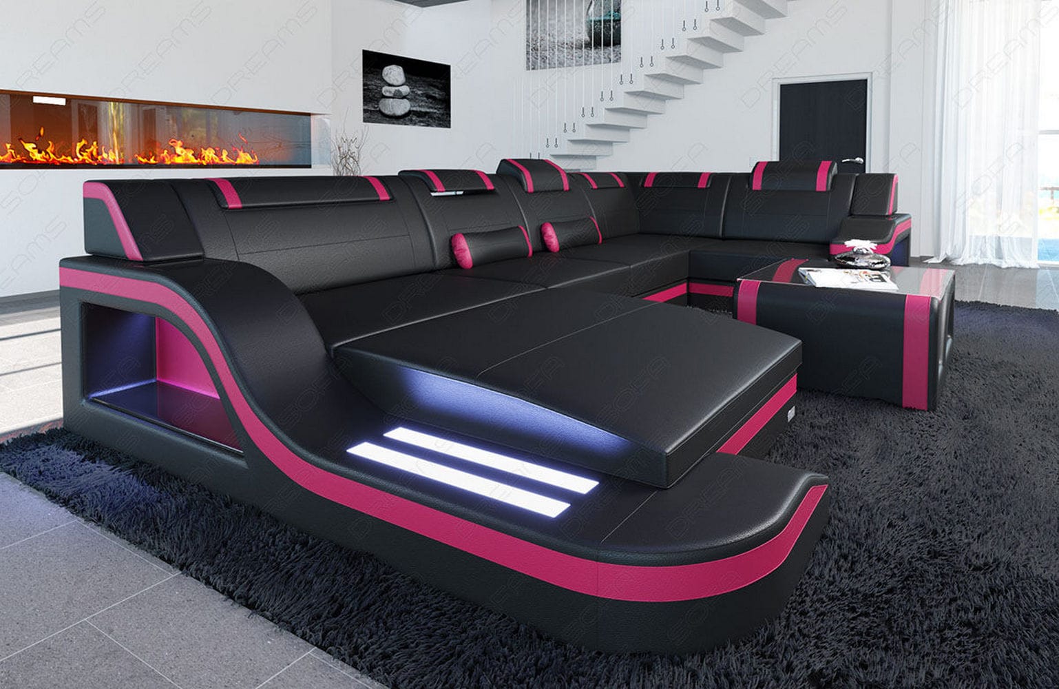 Design Wohnlandschaft Palermo U-Form mit LED schwarz-pink