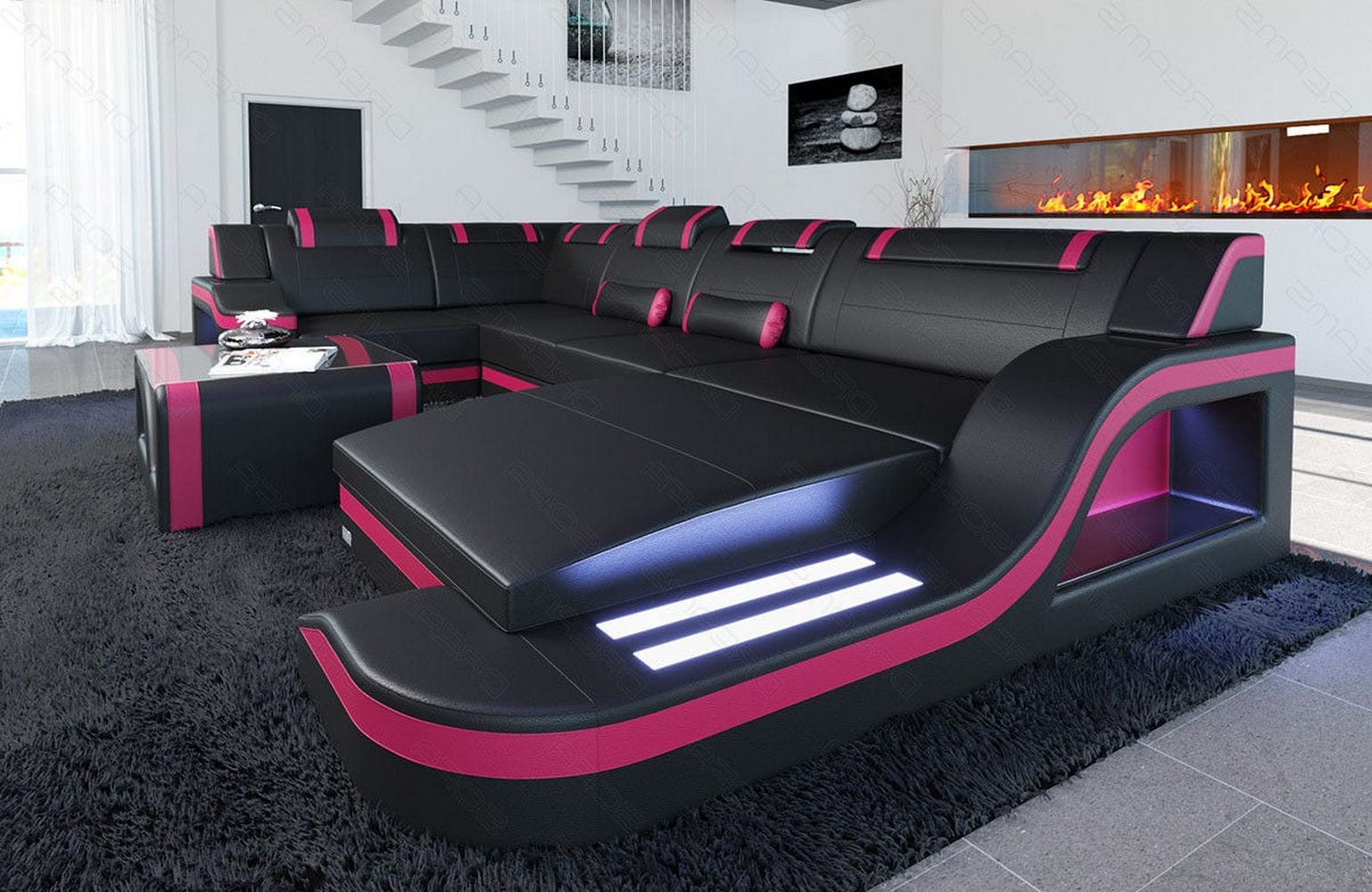 Design Wohnlandschaft Palermo U-Form mit LED schwarz-pink