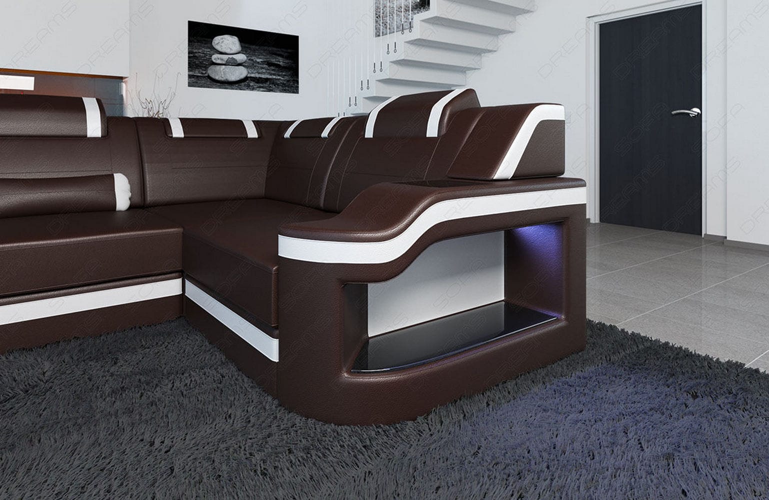 Design Wohnlandschaft Palermo U-Form mit LED dunkelbraun-weiß