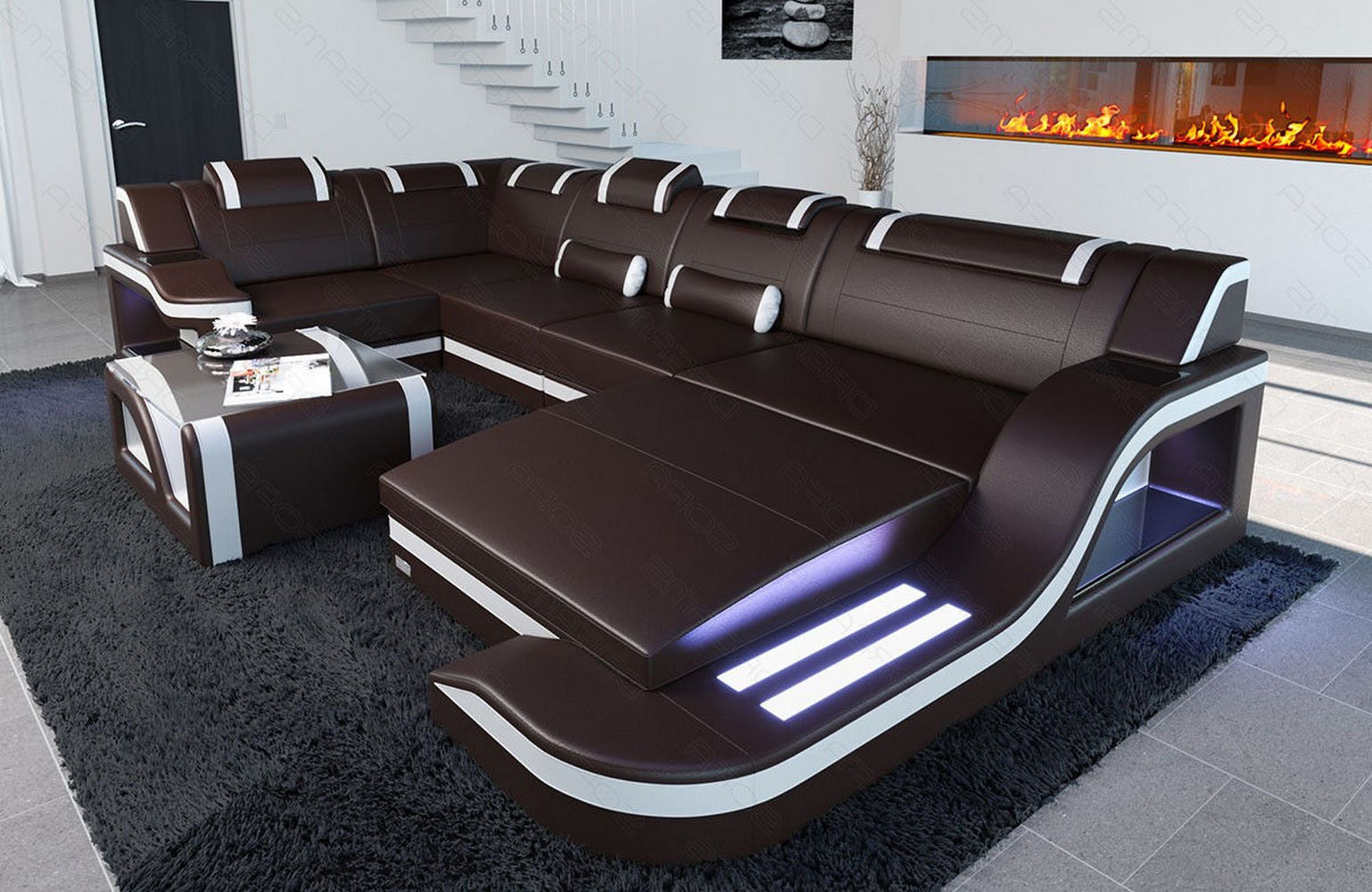 Design Wohnlandschaft Palermo U-Form mit LED dunkelbraun-weiß