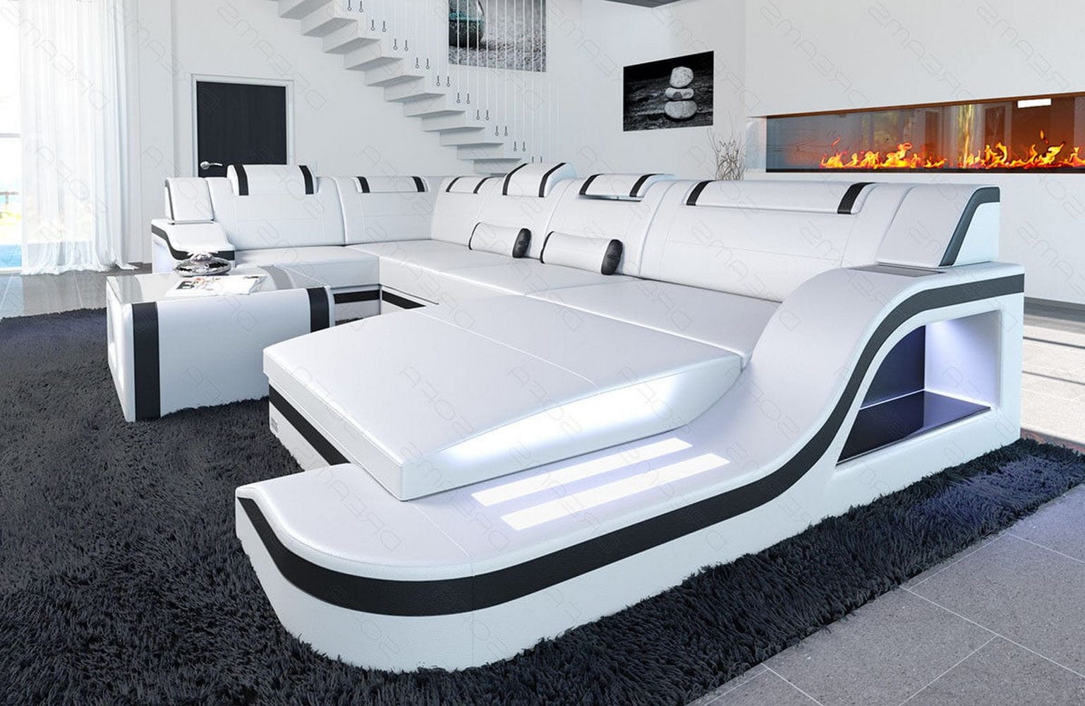 Design Wohnlandschaft Palermo U-Form mit LED weiß-schwarz